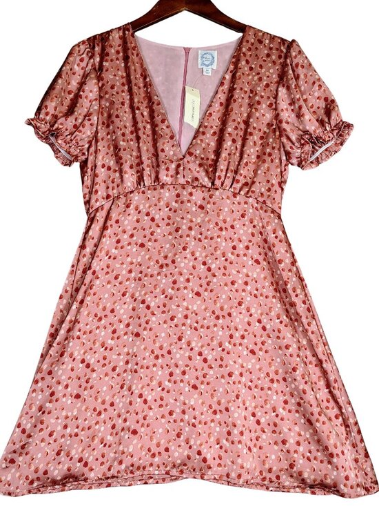 Francesca’s Dresses & Skirts - Francesca’s Blue Rain Mini Dress Women M Pink Dotted Print Satin Puff Sleeve NWT